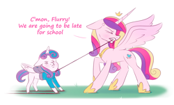 Size: 1480x891 | Tagged: safe, artist:tanatos, princess cadance, princess flurry heart, alicorn, pony, g4, back to school, backpack, clothes, concave belly, cross-popping veins, crown, cute, emanata, eyes closed, female, filly, filly flurry heart, floppy ears, flurrybetes, gritted teeth, height difference, hoof shoes, jewelry, leash, mare, mother and child, mother and daughter, mouth hold, physique difference, pulling, regalia, school, simple background, sketch, slender, spread wings, teeth, thin, wings