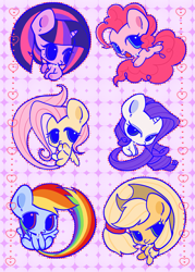 Size: 1873x2615 | Tagged: safe, artist:nimingxiwang168, applejack, fluttershy, pinkie pie, rainbow dash, rarity, twilight sparkle, earth pony, pegasus, pony, unicorn, g4, abstract background, chibi, cute, dashabetes, diapinkes, group, horn, jackabetes, mane six, pink background, raribetes, shyabetes, simple background, twiabetes, unicorn twilight