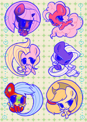 Size: 1873x2615 | Tagged: safe, artist:nimingxiwang168, applejack, fluttershy, pinkie pie, rainbow dash, rarity, twilight sparkle, earth pony, pegasus, pony, unicorn, g4, abstract background, alternate color palette, chibi, cute, dashabetes, diapinkes, group, horn, jackabetes, mane six, patterned background, raribetes, reverse colors, shyabetes, twiabetes, unicorn twilight