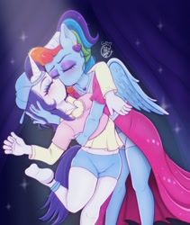 Size: 1643x1944 | Tagged: safe, artist:codeizzy, rainbow dash, rarity, pegasus, unicorn, anthro, g4, alternate hairstyle, clothes, disguise, dress, duo, duo female, female, hat, horn, kissing, lesbian, megaradash, plainity, ship:raridash, shipping, shirt, shorts