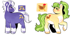 Size: 1280x613 | Tagged: safe, artist:stimpower, chickadee, gladmane, ms. peachbottom, earth pony, pony, g4, blushing, coat markings, cutie mark, duo, female, long description, looking at each other, looking at someone, male, mare, peach bottom, reference sheet, ship:gladbottom, simple background, smiling, socks (coat markings), stallion, three toned mane, unshorn fetlocks, watermark, white background