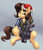 Size: 2473x2848 | Tagged: safe, artist:foxpit, oc, oc only, pegasus, pony, unicorn, armor, armored pony, christmas, clothes, gradient background, gun, hat, holiday, horn, pegasus oc, santa hat, sitting, solo, tongue out, weapon