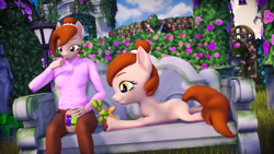 Size: 5120x2880 | Tagged: safe, artist:silkworm205, oc, oc only, oc:brownie bun, earth pony, pony, anthro, horse wife, series:silkworm205's weekly artwork 2024, g4, 3d, bench, carrot, clothes, colored eyebrows, download at source, downloadable, earth pony oc, eating, female, flower, fluffy hair, fluffy tail, food, garden, herbivore, jewelry, outdoors, pants, peanut butter, revamped anthros, revamped ponies, self paradox, self ponidox, shirt, source filmmaker, source filmmaker resource, spoon, tail, unshorn fetlocks