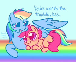 Size: 1196x983 | Tagged: safe, artist:feralkittyclawz, rainbow dash, scootaloo, pegasus, pony, g4, blushing, cute, cutealoo, dashabetes, dialogue, doodle, duo, duo female, female, filly, foal, folded wings, lying down, mare, on a rainbow, one wing out, open mouth, open smile, praise, prone, rainbow, scootalove, side hug, signature, smiling, tail, wings