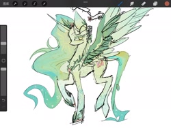 Size: 2048x1536 | Tagged: safe, artist:lengquancpwodeshen, oc, oc only, alicorn, pony, alicorn oc, art program in frame, concave belly, green coat, green mane, green tail, horn, procreate app, slender, solo, tail, tall, thin, wings