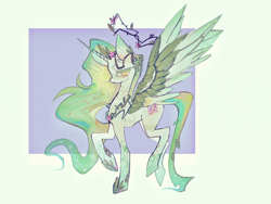 Size: 2048x1536 | Tagged: safe, artist:lengquancpwodeshen, oc, oc only, alicorn, pony, alicorn oc, body markings, circlet, colored eyelashes, concave belly, female, green coat, green eyelashes, green mane, green tail, halo, horn, leaves, leaves in hair, leg markings, mare, passepartout, raised hoof, simple background, slender, solo, tail, tall, thin, two toned background, white background, wings