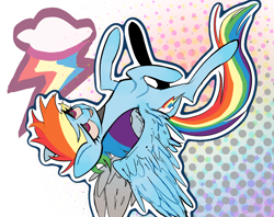 Size: 1514x1200 | Tagged: safe, artist:lengquancpwodeshen, rainbow dash, pegasus, pony, g4, abstract background, blue coat, female, mare, open mouth, outline, rainbow dash's cutie mark, slender, smiling, solo, thin, upside down, white outline