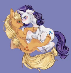 Size: 1744x1810 | Tagged: safe, artist:ruge9509, applejack, rarity, earth pony, pony, unicorn, g4, cuddling, duo, duo female, female, horn, lesbian, lying down, on side, purple background, ship:rarijack, shipping, side view, simple background