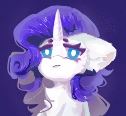 Size: 818x750 | Tagged: safe, artist:ruge9509, rarity, pony, unicorn, g4, big ears, blue eyes, bust, colored eyebrows, colored eyelashes, ear fluff, female, frown, horn, lineless, looking at you, mare, purple eyelashes, purple mane, simple background, solo, sparkly background, unicorn horn, white coat, white pupils