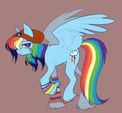 Size: 2048x1893 | Tagged: safe, artist:snowolive, rainbow dash, pegasus, pony, g4, arm warmers, beanie, bracelet, clothes, colored eyebrows, colored hooves, concave belly, coral background, emo, emodash, eyebrow piercing, female, full body, hat, hooves, jewelry, looking at you, mare, multicolored hooves, piercing, side view, signature, simple background, solo, spread wings, unshorn fetlocks, wings, wristband