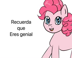 Size: 1241x1000 | Tagged: safe, artist:wrath-marionphauna, pinkie pie, earth pony, pony, g4, :d, female, mare, open mouth, open smile, simple background, smiling, solo, spanish, translated in the description, white background