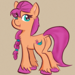 Size: 1500x1500 | Tagged: safe, artist:psfmer, sunny starscout, earth pony, pony, g5, butt, female, gray background, looking at you, looking sideways, mare, open mouth, open smile, plot, simple background, smiling, smiling at you, solo, sunny starbutt, unshorn fetlocks