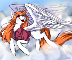 Size: 2560x2133 | Tagged: safe, artist:illustra, oc, oc only, oc:illustra, pegasus, pony, black tie, blushing, cheek fluff, clothes, cloud, colored hooves, cyrillic, eye clipping through hair, eyebrows, eyebrows visible through hair, female, female oc, flying, happy, high res, hooves, large wings, looking up, mare, mare oc, necktie, open mouth, pegasus oc, red shirt, shirt, side view, signature, sky, solo, spread wings, unshorn fetlocks, wings