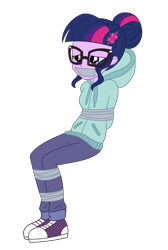 Size: 1600x2376 | Tagged: safe, artist:nie-martw-sie-o-mnie, sci-twi, twilight sparkle, human, equestria girls, g4, my little pony equestria girls: friendship games, bondage, bound and gagged, clothes, converse, denim, female, femsub, gag, glasses, hair bun, hoodie, jeans, pants, shoes, simple background, sitting, sneakers, solo, submissive, tape, tape bondage, tape gag, transparent background, twisub