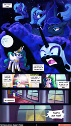 Size: 1280x2272 | Tagged: safe, artist:angusdra, artist:lummh, nightmare moon, princess celestia, princess luna, alicorn, pony, comic:the princess of love, g4, comic, crown, crying, female, filly, filly luna, foal, hoof shoes, horn, jewelry, mare, mare in the moon, moon, peytral, princess shoes, regalia, s1 luna, speech bubble, thought bubble, woona, younger