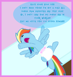 Size: 1500x1591 | Tagged: safe, artist:snowflakepone, rainbow dash, human, pegasus, pony, g4, adult, angry, belly, changing table, diaper, diaper fetish, diapered, eyes closed, female, fetish, humiliation, lying down, mare, multicolored hair, offscreen character, offscreen human, open mouth, rainbow hair, rainbow tail, screaming, screech, spread wings, tail, wings