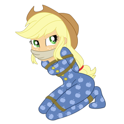 Size: 2000x2000 | Tagged: safe, artist:nie-martw-sie-o-mnie, applejack, human, equestria girls, g4, my little pony equestria girls: rainbow rocks, applesub, bondage, bound and gagged, cloth gag, clothes, cowboy hat, female, femsub, footed sleeper, footie pajamas, freckles, gag, hat, kneeling, onesie, pajamas, rope, rope bondage, simple background, solo, submissive, tied up, transparent background