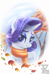 Size: 1994x2991 | Tagged: safe, artist:theretroart88, rarity, pony, unicorn, g4, 2d, autumn, beauty mark, clothes, eyebrows, eyeshadow, female, horn, leaves, lidded eyes, looking at you, makeup, mare, mole, scarf, smiling, smiling at you, solo