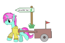 Size: 2400x1600 | Tagged: safe, artist:amateur-draw, oc, oc only, oc:belle boue, unicorn, arrow, cart, clothes, deviantart, deviantart logo, flag, hoodie, horn, logo, moving, rant, sign, simple background, solo, wheel, white background