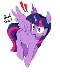 Size: 1993x2401 | Tagged: safe, artist:cheesesauce_45, twilight sparkle, alicorn, pony, g4, blush sticker, blushing, bookhorse, exclamation point, female, flying, mare, open mouth, pixel-crisp art, simple background, solo, spread wings, that pony sure does love books, turned head, twilight sparkle (alicorn), white background, wings