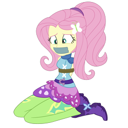 Size: 2000x2000 | Tagged: safe, artist:nie-martw-sie-o-mnie, fluttershy, human, equestria girls, g4, my little pony equestria girls: friendship games, bondage, bound and gagged, butterfly hairpin, clothes, female, femsub, fluttersub, gag, kneeling, leggings, looking down, ponytail, rope, rope bondage, simple background, skirt, solo, sporty style, submissive, tape, tape gag, transparent background