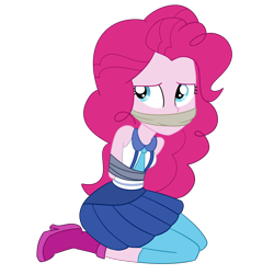 Size: 2000x2000 | Tagged: safe, artist:nie-martw-sie-o-mnie, pinkie pie, human, equestria girls, g4, my little pony equestria girls: friendship games, bondage, bound and gagged, cloth gag, clothes, female, femsub, gag, kneeling, leggings, pinkiesub, school spirit, simple background, skirt, solo, submissive, tape, tape bondage, transparent background