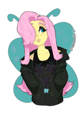 Size: 900x1300 | Tagged: safe, artist:s0ft-g0at, fluttershy, equestria girls, g4, alternate hairstyle, clothes, cute, female, hair over one eye, jacket, jewelry, necklace, shyabetes, simple background, solo, tank top, transparent background