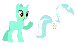 Size: 704x433 | Tagged: safe, artist:selenaede, lyra heartstrings, pony, unicorn, g4, 2012, bald, base, female, horn, mane, mare, no tail, open mouth, open smile, raised hoof, scene interpretation, simple background, smiling, solo, tail, white background