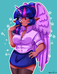 Size: 2550x3300 | Tagged: safe, artist:mylittleyuri, twilight sparkle, human, g4, alicorn humanization, blue background, blush lines, blushing, breasts, busty twilight sparkle, cleavage, clothes, cute little fangs, elf ears, eyebrows, eyebrows visible through hair, fangs, female, high res, horn, horned humanization, humanized, looking at you, moderate dark skin, one eye closed, outline, shirt, signature, simple background, skirt, snaggletooth, socks, solo, stars, stockings, thigh highs, twiabetes, white outline, white pupils, winged humanization, wings, wink, winking at you, zettai ryouiki