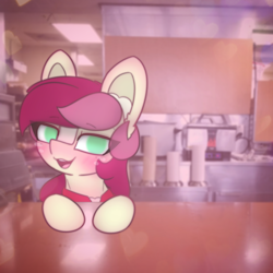 Size: 2664x2664 | Tagged: safe, artist:sodapop sprays, roseluck, earth pony, pony, series:roseluck can't catch a break, g4, blushing, clothes, ear fluff, eye clipping through hair, freckles, irl background, looking at you, solo, uniform, wendy's