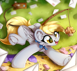 Size: 2425x2228 | Tagged: safe, artist:woonborg, derpy hooves, pegasus, pony, g4, bag, bowtie, chest fluff, clumsy, cute, derp, derpabetes, ear fluff, female, food, letter, mare, muffin, necktie, rod, solo, that pony sure does love muffins