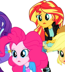 Size: 827x910 | Tagged: safe, edit, edited screencap, editor:mrtoonlover83, screencap, applejack, pinkie pie, rarity, sunset shimmer, human, equestria girls, g4, background removed, not a vector, simple background, transparent background