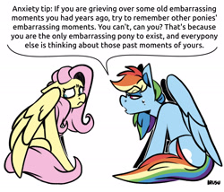 Size: 2048x1750 | Tagged: safe, artist:lrusu, edit, editor:modus_ponens, fluttershy, rainbow dash, pegasus, pony, g4, anxiety, dialogue, disappointed, duo, duo female, embarrassed, female, floppy ears, folded wings, looking at someone, looking away, mare, meme, motivational, open mouth, ponified meme, rainbow dash is not amused, rainbow douche, rude, sad, sarcasm, simple background, sitting, speech bubble, unamused, white background, wings