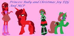 Size: 1232x594 | Tagged: safe, artist:celestiathefilly, artist:selenaede, oc, oc only, oc:christmas joy, oc:princess ruby, alicorn, human, pony, unicorn, equestria girls, g4, alicorn oc, boots, bracelet, closed mouth, clothes, colored pupils, concave belly, dress, duo, equestria girls oc, equestria girls-ified, female, folded wings, frown, grin, hand on hip, hands behind back, high heel boots, horn, jewelry, looking at you, mare, open mouth, physique difference, pink background, purple eyes, raised hoof, raised leg, red eyes, shirt, shoes, simple background, skirt, slender, smiling, standing, tank top, thin, unicorn oc, walking, wings