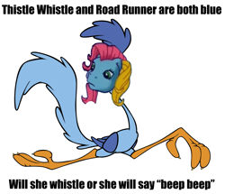 Size: 2125x1825 | Tagged: safe, edit, thistle whistle, bird, pegasus, pony, roadrunner, g3, beep beep, black text, blue, female, frown, insane troll logic, looney tunes, low effort, mare, road runner, simple background, tail, tail feathers, text, white background