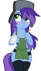 Size: 2336x4000 | Tagged: safe, artist:clubvixen, artist:moliminous, oc, oc only, oc:cher nobyl, pony, unicorn, semi-anthro, g4, apron, arm hooves, bipedal, blushing, clothes, curvy, embarrassed, female, frown, hat, hoof hold, horn, iced latte with breast milk, looking away, mare, meme, notepad, paper, pen, pencil, sexy, simple background, socks, solo, starbucks, tail, thicc thighs, thigh highs, transparent background, ushanka, vector, white background