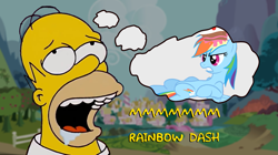 Size: 1929x1080 | Tagged: safe, edit, edited screencap, editor:umsx, screencap, rainbow dash, human, pegasus, pony, g4, party of one, season 1, cake, drool, drool on face, food, homer simpson, meme, ponyville, shitposting, the simpsons, thought bubble