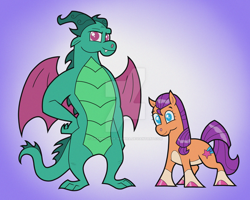 Size: 1280x1024 | Tagged: safe, artist:champion-of-namira, sparky sparkeroni, sunny starscout, dragon, earth pony, pony, g5, alternate design, deviantart watermark, duo, female, gradient background, mare, obtrusive watermark, older, older sparky sparkeroni, watermark