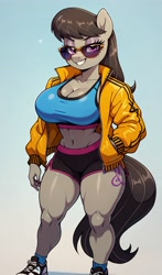 Size: 2400x4080 | Tagged: safe, ai composition, ai content, prompter:lotsofcaps, octavia melody, earth pony, anthro, plantigrade anthro, g4, bedroom eyes, belly, belly button, big breasts, breasts, busty octavia melody, cleavage, clothes, female, gradient background, grin, jacket, looking at you, midriff, shoes, shorts, smiling, sneakers, socks, solo, sports bra, sports shoes, sports shorts, sports socks, sunglasses