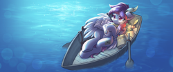 Size: 4096x1714 | Tagged: safe, artist:ravistdash, oc, oc only, oc:芳棠, pegasus, pony, boat, bookmark, feather, fimtale, inkwell, lantern, oar, ocean, quill, solo, water, wings