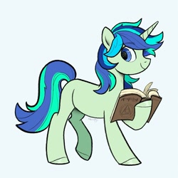 Size: 1899x1899 | Tagged: safe, artist:raindrophalo, oc, oc only, oc:jade luster, pony, unicorn, book, horn, simple background, solo