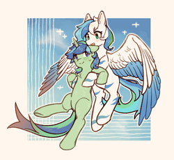 Size: 5223x4805 | Tagged: artist needed, safe, alternate version, oc, oc:dashwhite, oc:jade luster, pegasus, pony, unicorn, carrying, colored wings, duo, flying, horn, oc x oc, passepartout, shipping, simple background, two toned wings, unshaded, wings