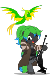 Size: 3343x5000 | Tagged: safe, artist:jhayarr23, oc, oc only, oc:solar aura, balefire phoenix, pegasus, phoenix, pony, fallout equestria, anti-machine rifle, anti-materiel rifle, armor, bipedal, bolt action, bolt-action rifle, braid, clothes, colored wings, commission, commissioner:solar aura, duo, fallout, fallout: new vegas, female, gradient wings, gray coat, green eyes, green hair, green mane, green tail, green wings, gun, mouth grip gun, multicolored hair, multicolored mane, multicolored tail, multicolored wings, ncr ranger, one eye closed, one eye open, pants, pegasus oc, ponytail, ranger, rifle, simple background, tail, transparent background, trenchcoat, weapon, wings, wink