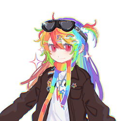 Size: 2075x2075 | Tagged: safe, artist:qiaozhu20289, rainbow dash, human, g4, clothes, female, half body, humanized, jacket, simple background, smiling, solo, sunglasses, sunglasses on head, white background