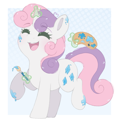 Size: 2263x2335 | Tagged: safe, artist:adostume, sweetie belle, pony, unicorn, g4, colored, cute, diasweetes, digital art, easel, fake cutie mark, female, flat colors, glowing, glowing horn, horn, magic, magic aura, paint on fur, paint stains, raised hoof, rarity's cutie mark, solo, standing, telekinesis