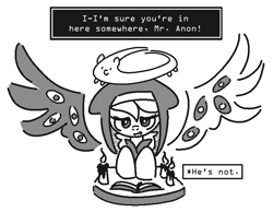 Size: 771x597 | Tagged: safe, artist:castafae, oc, oc only, angel, pony, book, candle, clothes, dialogue, dialogue box, female, habit, halo, implied anon, mare, monochrome, multiple eyes, nun, robe, simple background, spread wings, white background, wingding eyes, wings