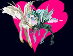 Size: 1160x884 | Tagged: safe, alternate version, artist:nazar0199, princess celestia, queen chrysalis, alicorn, changeling, changeling queen, pony, g4, duo, female, heart, heart background, hoof shoes, jewelry, kiss on the lips, kissing, lesbian, mare, peytral, regalia, ship:chryslestia, shipping, spread wings, what if, wings