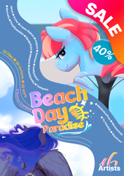 Size: 2481x3508 | Tagged: safe, artist:potato22, artist:sevenserenity, artist:tizhonolulu, artist:waxxfevur2k, princess luna, windy whistles, pony, anthro, art pack:beach day paradise, g4, :p, advertisement, art pack, beach, ocean, tongue out, water