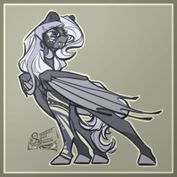 Size: 4000x4000 | Tagged: safe, artist:stardustspix, oc, oc only, oc:eclipse ziggurat, bat pony, pony, absurd resolution, bald face, bat pony oc, blaze (coat marking), border, coat markings, colored eyelashes, colored pupils, eyebrows, eyebrows visible through hair, face tattoo, facial markings, fangs, female, gradient background, large wings, mare, mealy mouth (coat marking), socks (coat markings), solo, tattoo, two toned mane, wings