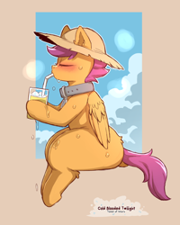 Size: 960x1200 | Tagged: safe, artist:cold-blooded-twilight, scootaloo, pegasus, pony, g4, blushing, collar, dock, drink, drinking, eyes closed, female, filly, foal, hat, juice, lemonade, solo, straw hat, sweat, tail, wide hips